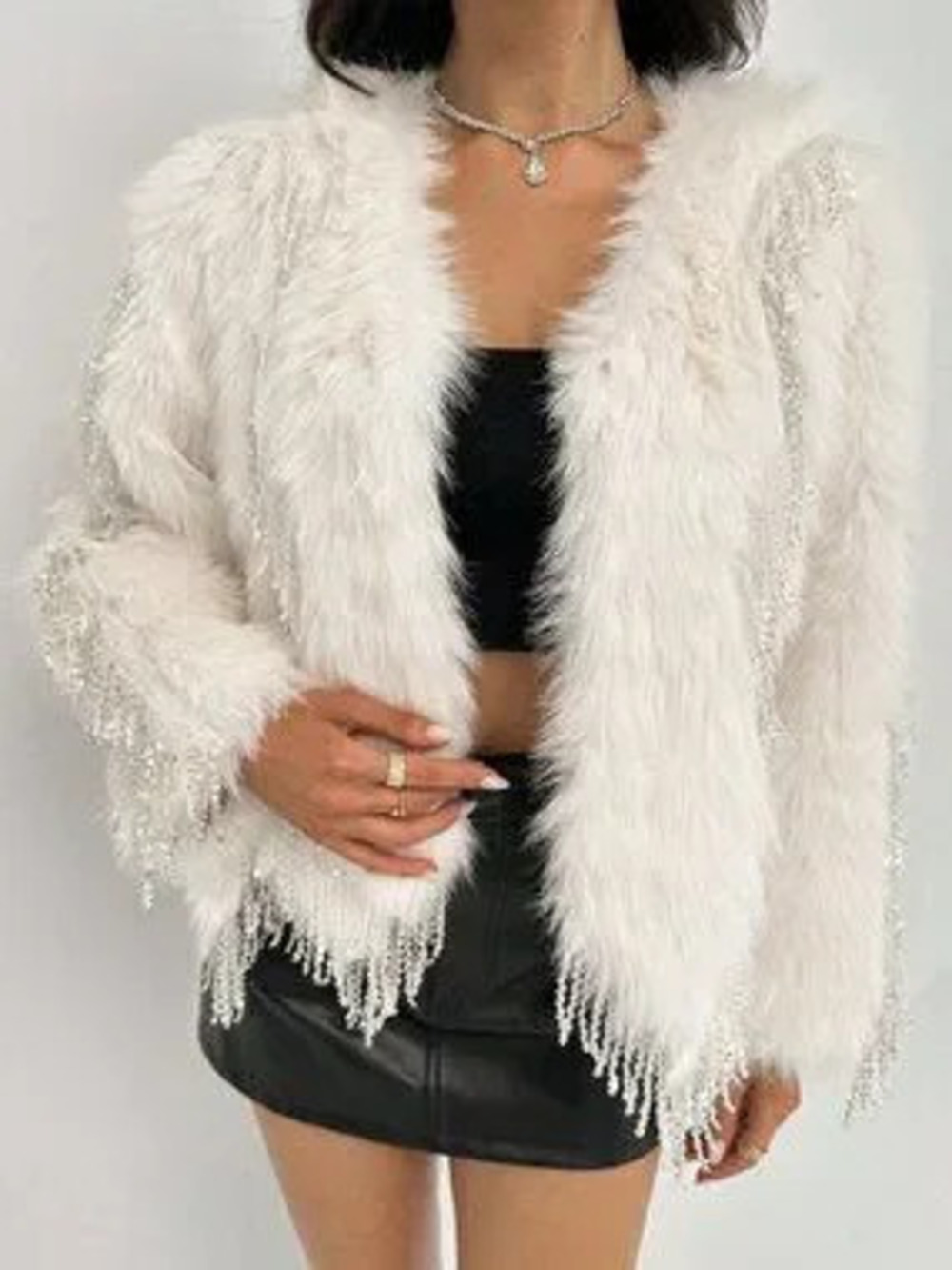 ZARA White Luxury Women's Elegant sequin fringe detailed Faux Fur Coat